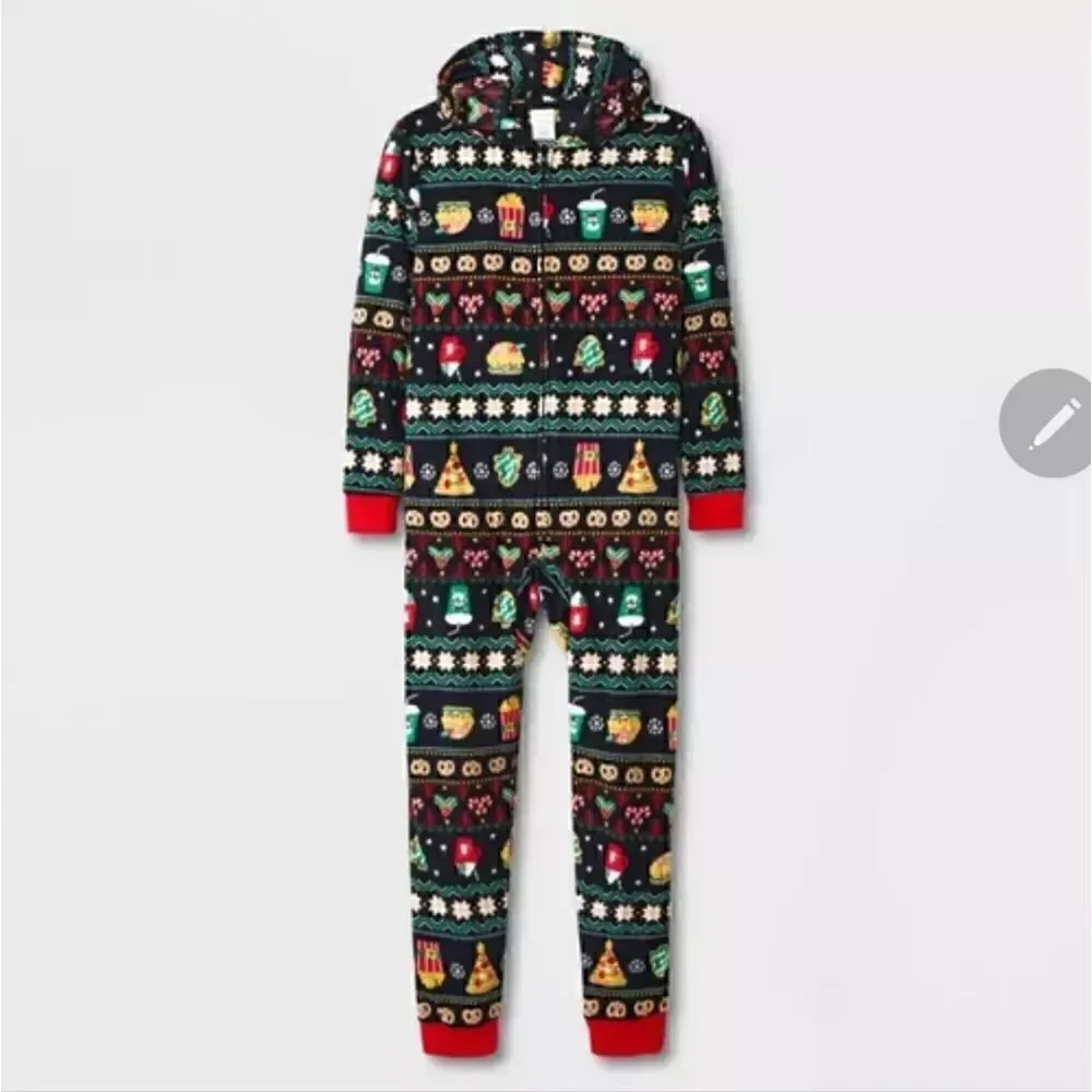 Nwt Cat & Jack Girls Boys Fleece Pajamas Christmas Fast Food Union Suit Sz S 6 7